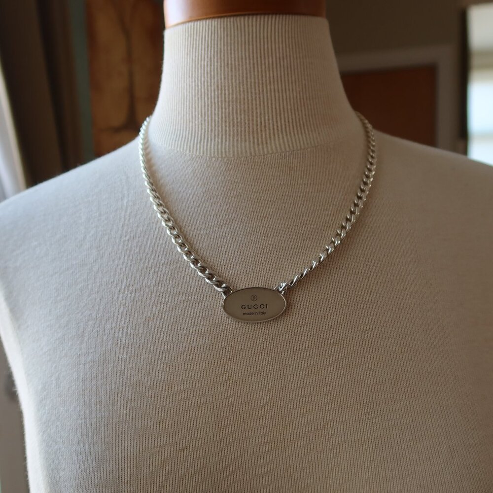 Authentic GUCCI curb chain & Gucci tag sterling silver necklace stamped $800+ - Picture 1 of 16